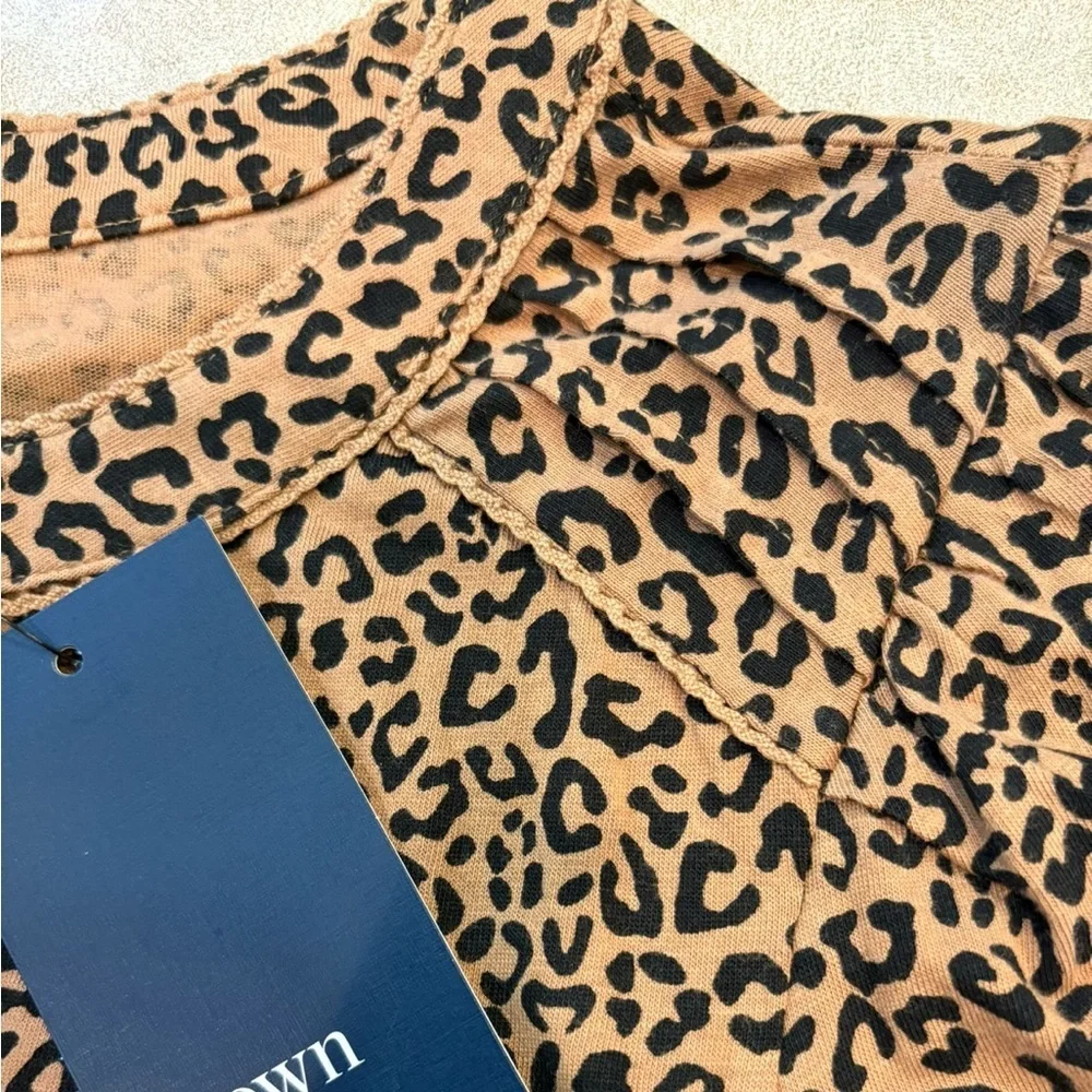 Crown & Ivy Leopard Print Lace Trim Henley Blouse Long Sleeve Size L NWT